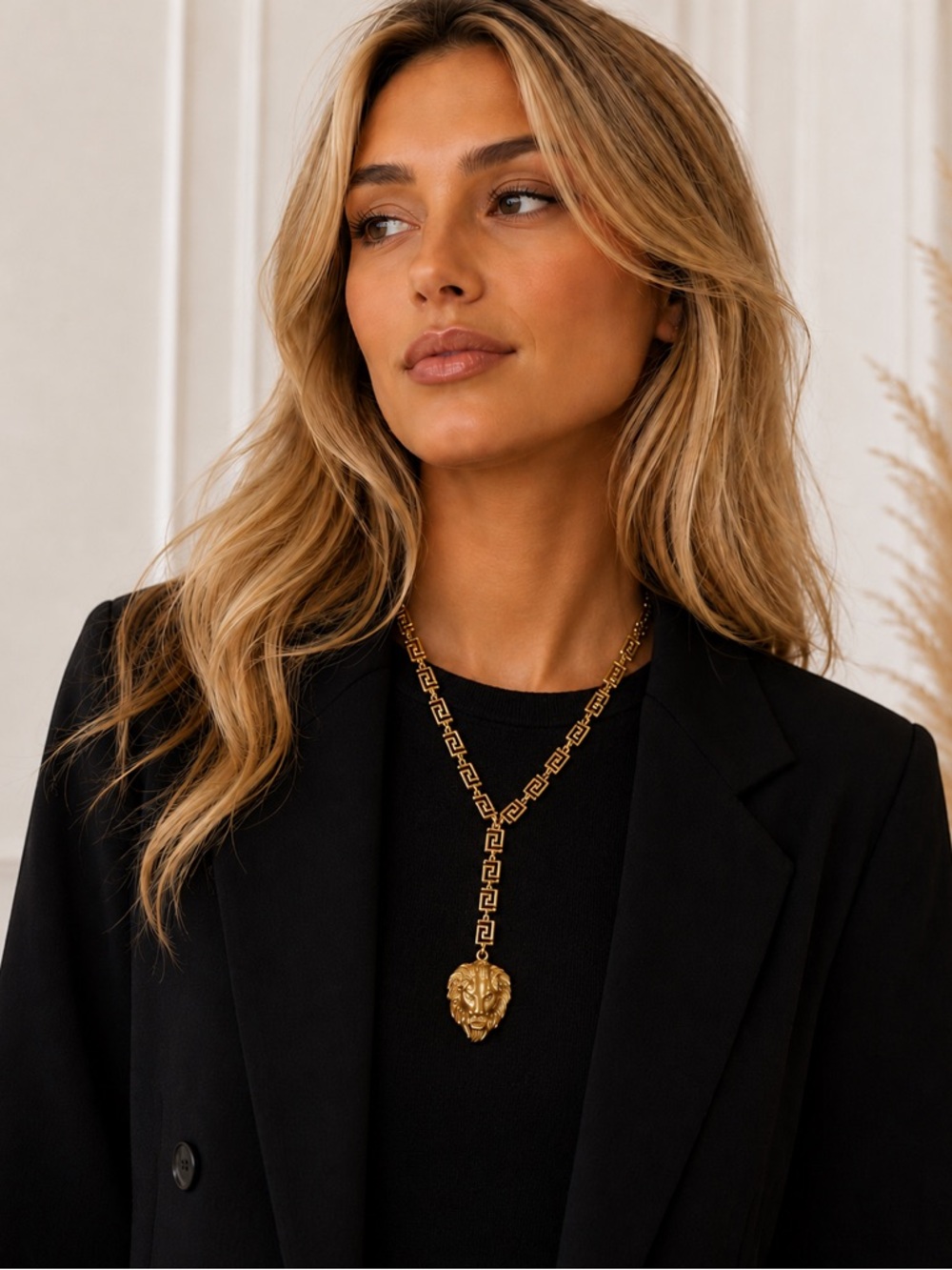 Gold-Tone Lion Head Pendant Necklace with Greek Key Chain